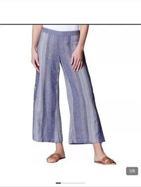 J. Jill Wide Leg Striped Linen-Blend Pants in Blue Womans MT Tall
